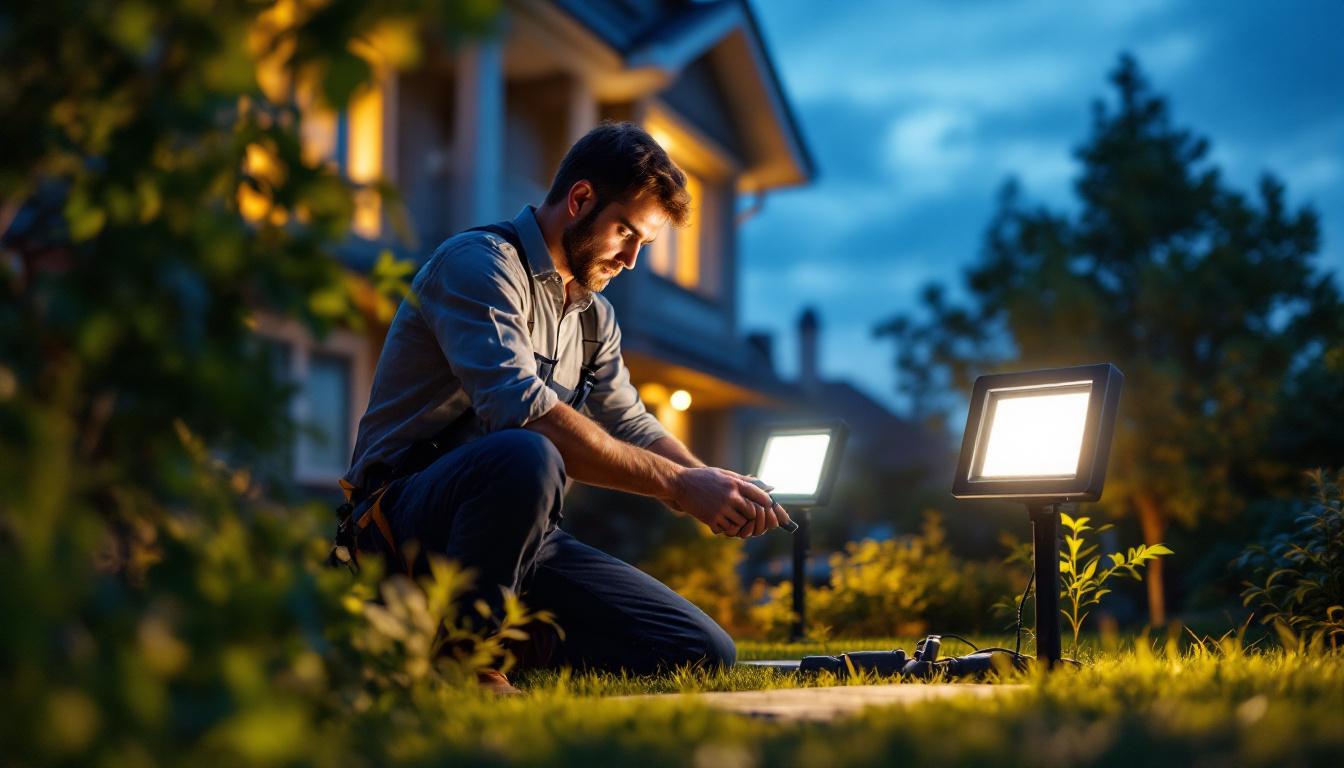 A photograph of a lighting contractor installing solar flood lights in a residential setting