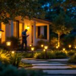 A photograph of a well-lit outdoor setting featuring various styles of solar lights installed in a landscaped area