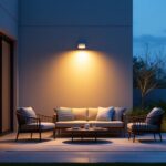 A photograph of a modern outdoor setting illuminated by a sleek motion light fixture