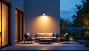 A photograph of a modern outdoor setting illuminated by a sleek motion light fixture