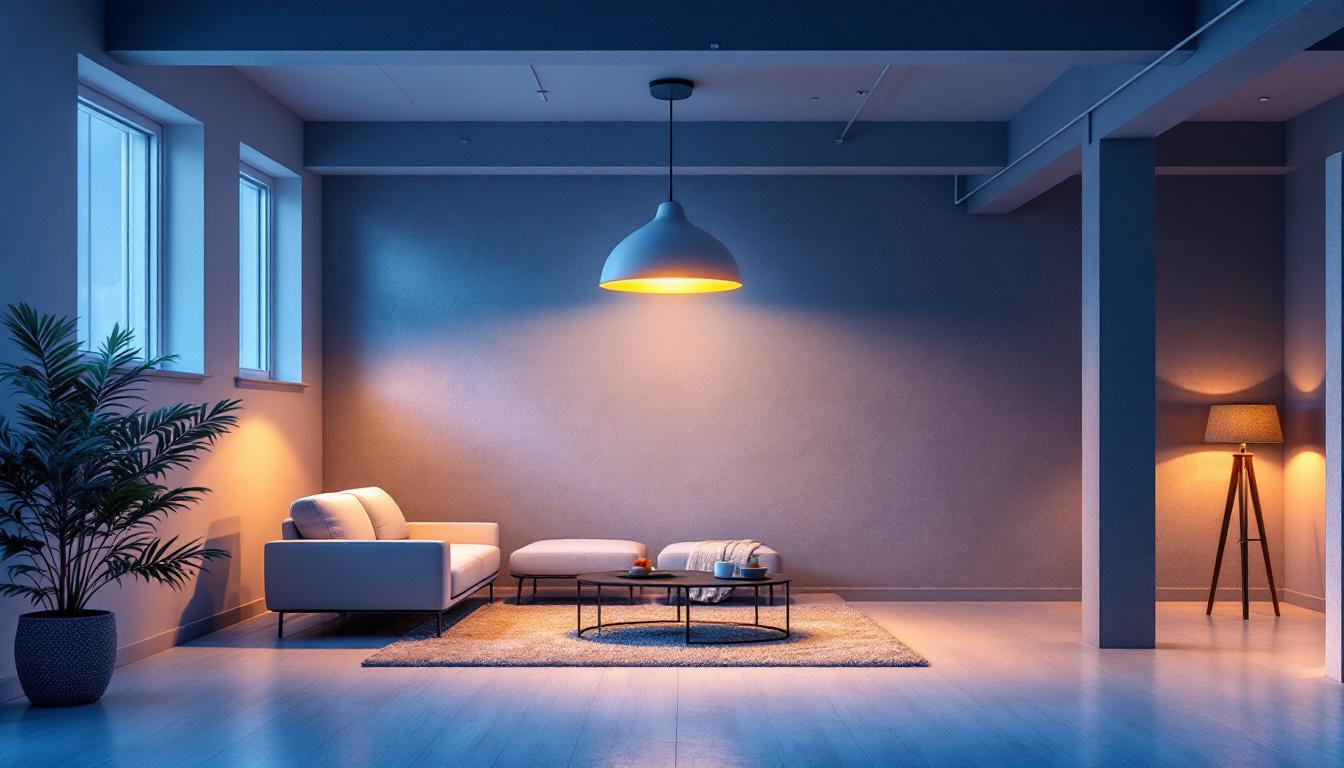 A photograph of a well-lit unfinished basement showcasing various lighting options
