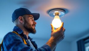 A photograph of a lighting contractor installing a sleek