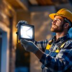 A photograph of a lighting contractor expertly installing or demonstrating a flood light in a residential or commercial setting