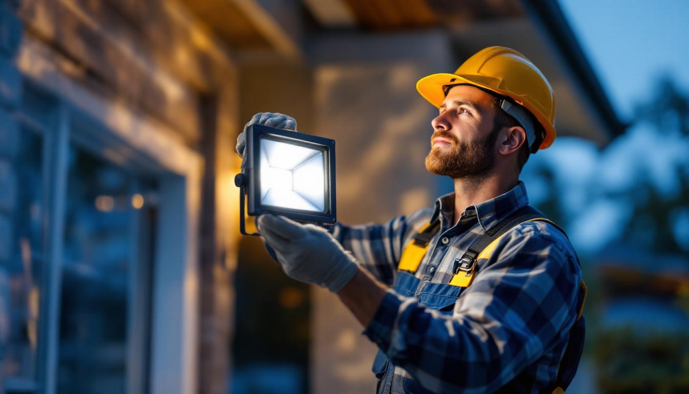 A photograph of a lighting contractor expertly installing or demonstrating a flood light in a residential or commercial setting