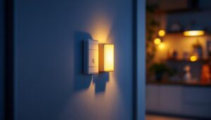 A photograph of a lighting contractor installing a motion detector switch for led lights in a modern home setting