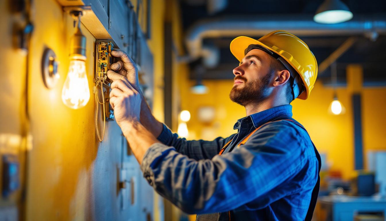 A photograph of a skilled electrician or lighting technician expertly installing energy-efficient lighting fixtures in a modern commercial space