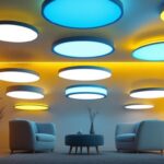 A photograph of a well-lit room featuring various styles of flat ceiling lighting fixtures