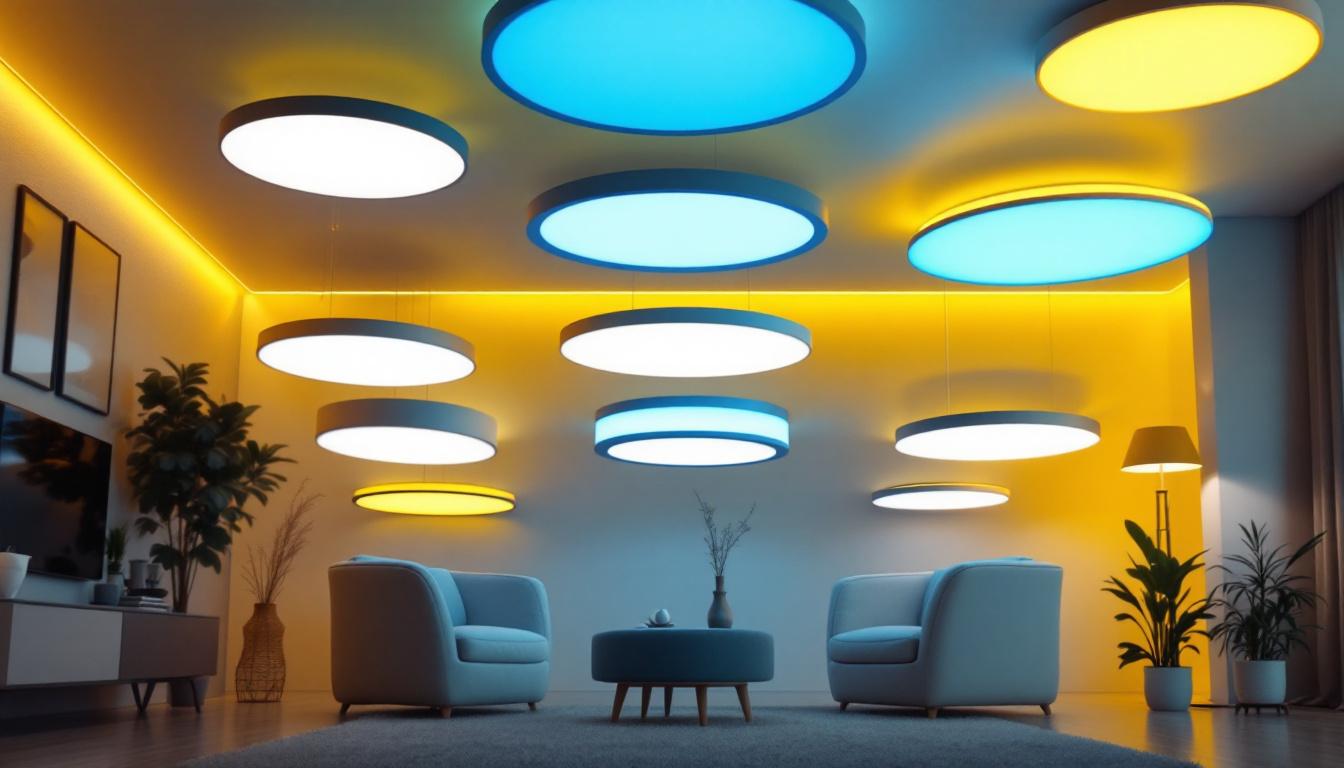 A photograph of a well-lit room featuring various styles of flat ceiling lighting fixtures