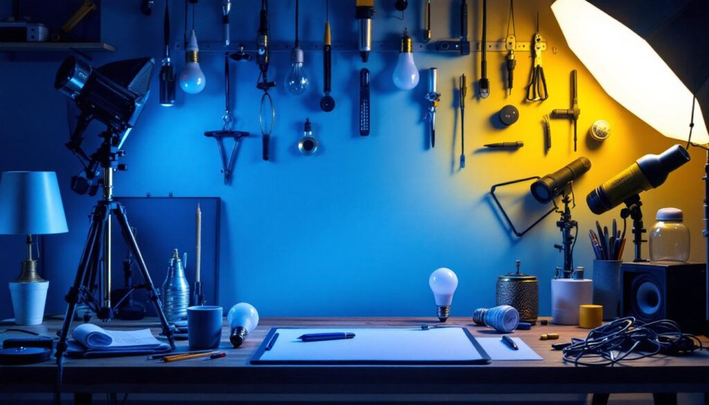 A photograph of a well-organized workspace featuring a variety of light bulbs