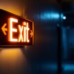 A photograph of a well-lit exit led sign prominently displayed in a dimly lit corridor