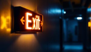 A photograph of a well-lit exit led sign prominently displayed in a dimly lit corridor