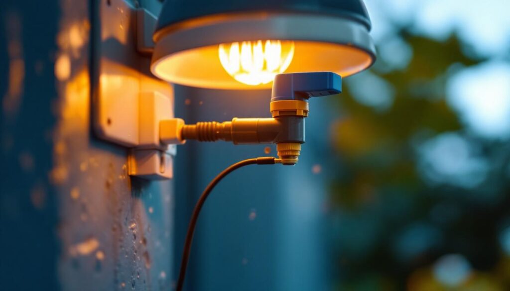 A photograph of a close-up of a waterproof wire tap being installed in a lighting fixture