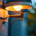 A photograph of a close-up of a waterproof wire tap being installed in a lighting fixture