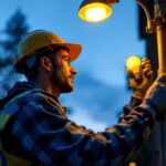 A photograph of a skilled lighting contractor carefully replacing a street light globe at dusk