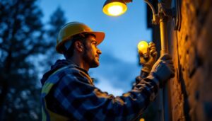 A photograph of a skilled lighting contractor carefully replacing a street light globe at dusk