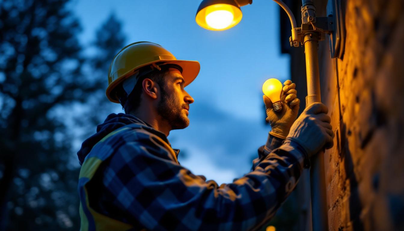 A photograph of a skilled lighting contractor carefully replacing a street light globe at dusk