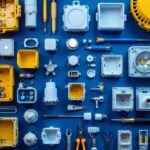 A photograph of a neatly arranged display of various 4-inch electrical box covers alongside lighting fixtures and tools