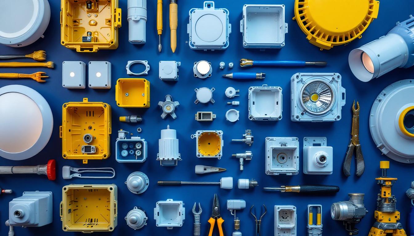 A photograph of a neatly arranged display of various 4-inch electrical box covers alongside lighting fixtures and tools