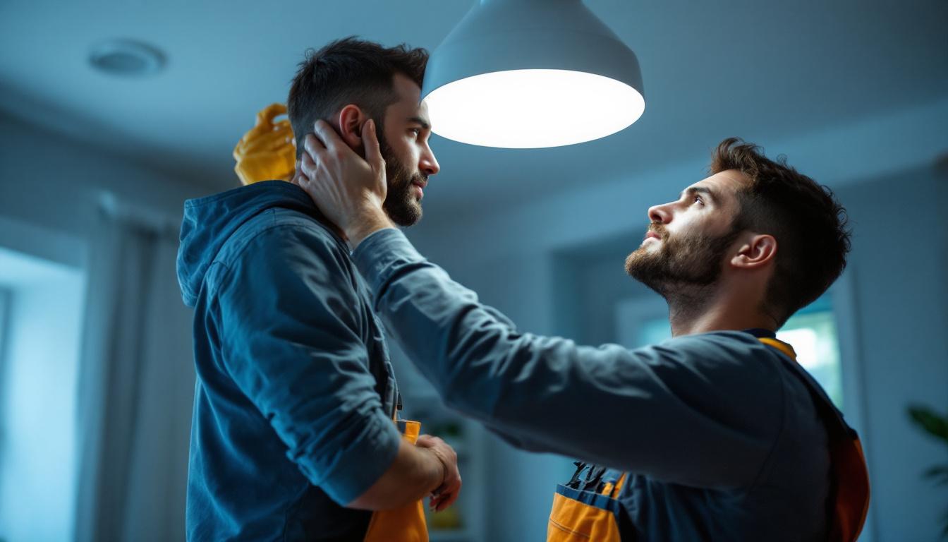 A photograph of a skilled lighting contractor expertly installing or adjusting a modern residential lighting fixture in a well-designed home interior