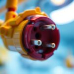 A photograph of a close-up of a red plug in a hospital lighting installation