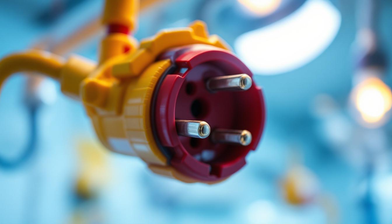 A photograph of a close-up of a red plug in a hospital lighting installation