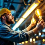 A photograph of a lighting contractor expertly installing a variety of fluorescent light bulbs in a commercial setting