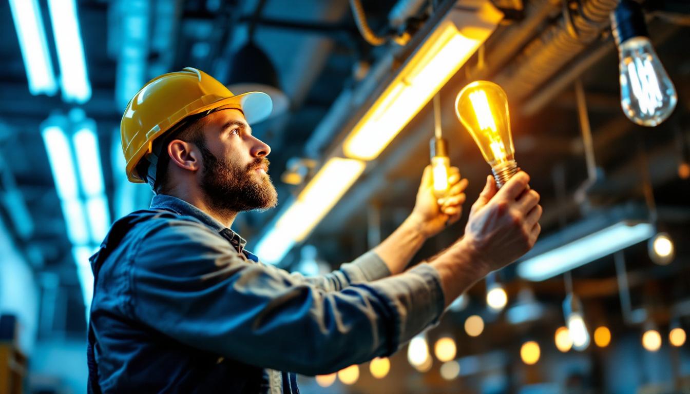 A photograph of a lighting contractor expertly installing a variety of fluorescent light bulbs in a commercial setting