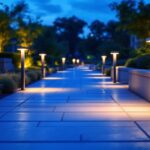 A photograph of a beautifully illuminated outdoor pathway featuring sleek