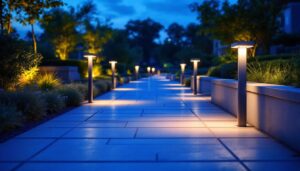 A photograph of a beautifully illuminated outdoor pathway featuring sleek