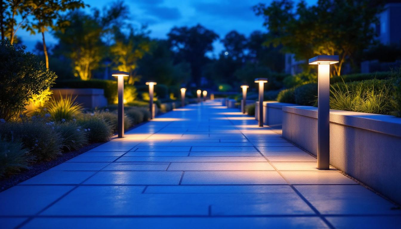 A photograph of a beautifully illuminated outdoor pathway featuring sleek
