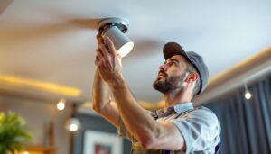 A photograph of a skilled lighting contractor expertly installing a can light in a stylishly designed ceiling