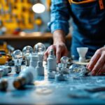 A photograph of a lighting contractor in action