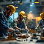 A photograph of a team of expert lighting contractors at work