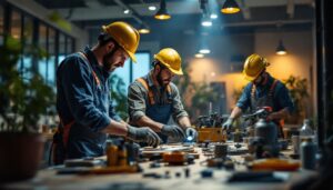 A photograph of a team of expert lighting contractors at work