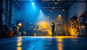 A photograph of a well-lit garage showcasing an effective lighting layout