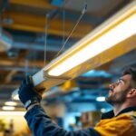 A photograph of a brightly lit workspace featuring a modern fluorescent hanging light fixture