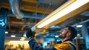 A photograph of a brightly lit workspace featuring a modern fluorescent hanging light fixture