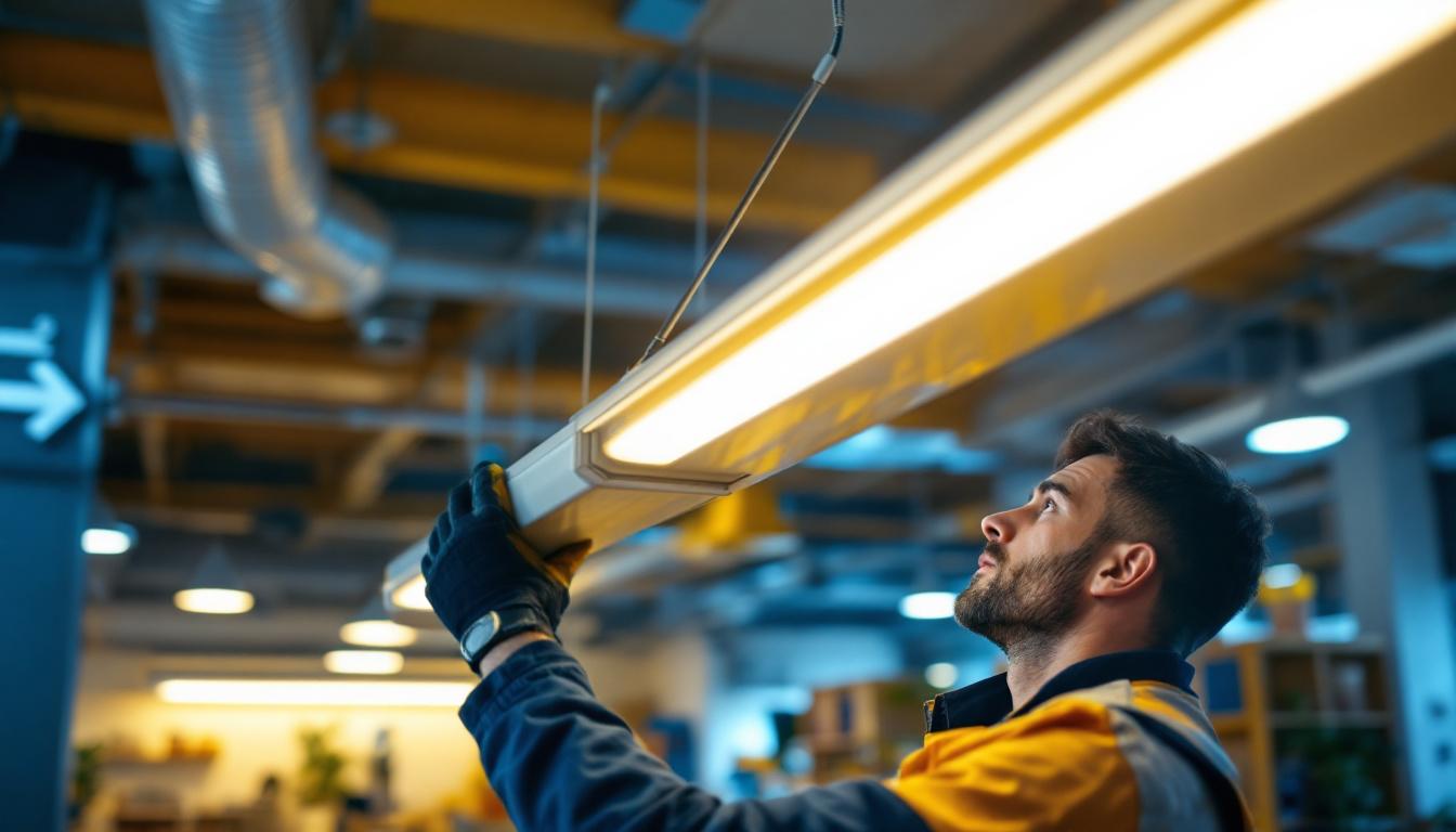 A photograph of a brightly lit workspace featuring a modern fluorescent hanging light fixture