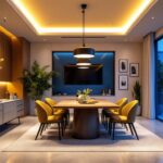 A photograph of a beautifully designed dining room featuring recessed lighting