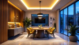 A photograph of a beautifully designed dining room featuring recessed lighting