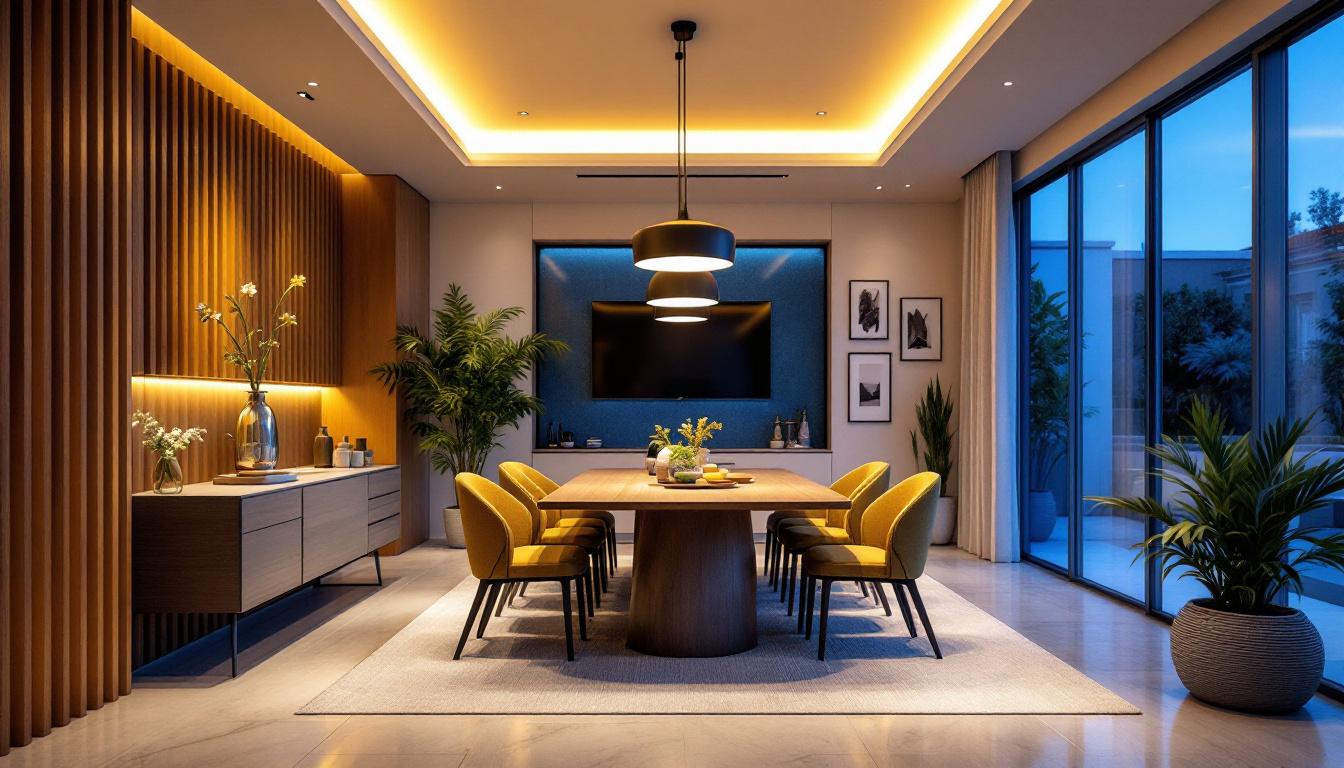 A photograph of a beautifully designed dining room featuring recessed lighting