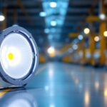 A photograph of a 100w metal halide lamp in a well-lit industrial or commercial setting