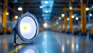 A photograph of a 100w metal halide lamp in a well-lit industrial or commercial setting