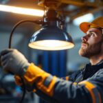 A photograph of a lighting contractor expertly installing or adjusting a body shop heat lamp in a well-lit automotive repair environment