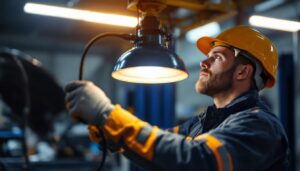 A photograph of a lighting contractor expertly installing or adjusting a body shop heat lamp in a well-lit automotive repair environment