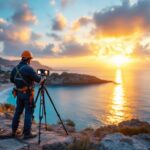 A photograph of a lighting contractor expertly installing innovative lighting solutions on a picturesque island