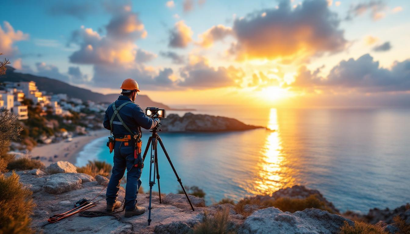 A photograph of a lighting contractor expertly installing innovative lighting solutions on a picturesque island
