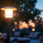 A photograph of a beautifully designed outdoor modern post light illuminating a stylish patio or garden setting during twilight