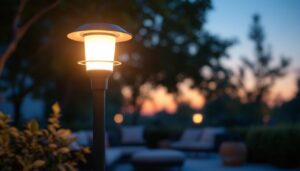 A photograph of a beautifully designed outdoor modern post light illuminating a stylish patio or garden setting during twilight