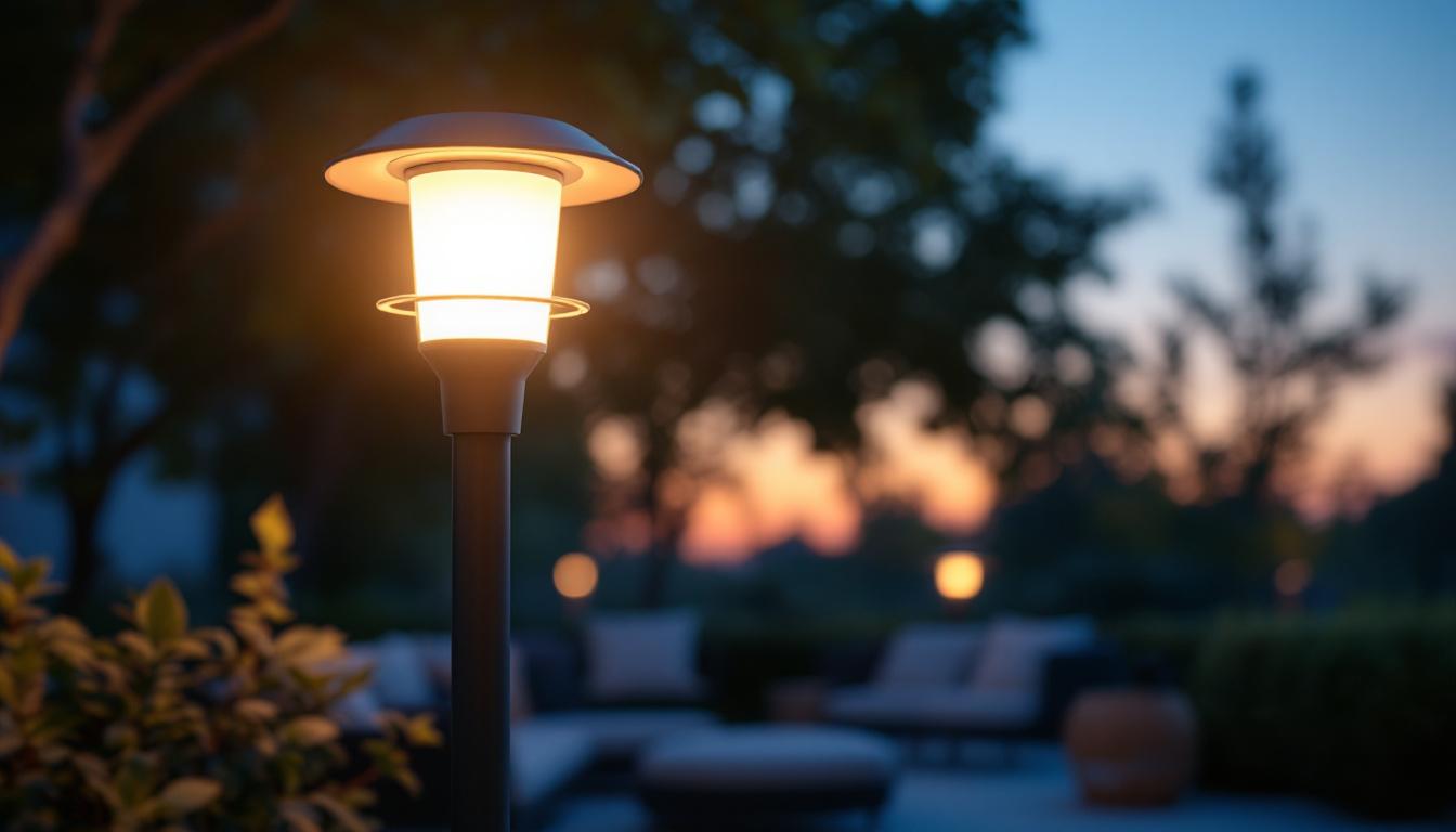 A photograph of a beautifully designed outdoor modern post light illuminating a stylish patio or garden setting during twilight